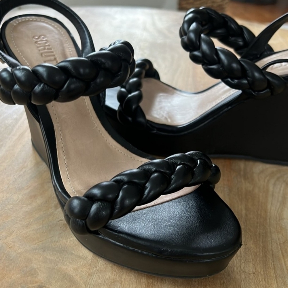 Schutz Black Braided Platform Wedge Sandals